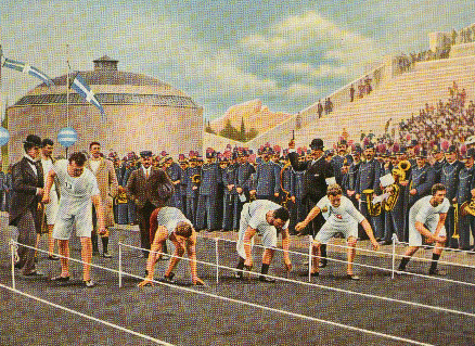 Athens 1896: The first Olympics of the modern era. The start of the final 100-meter run. The winner was the American Burke (second from left). His invention was the deep start, to be used by others in the future.